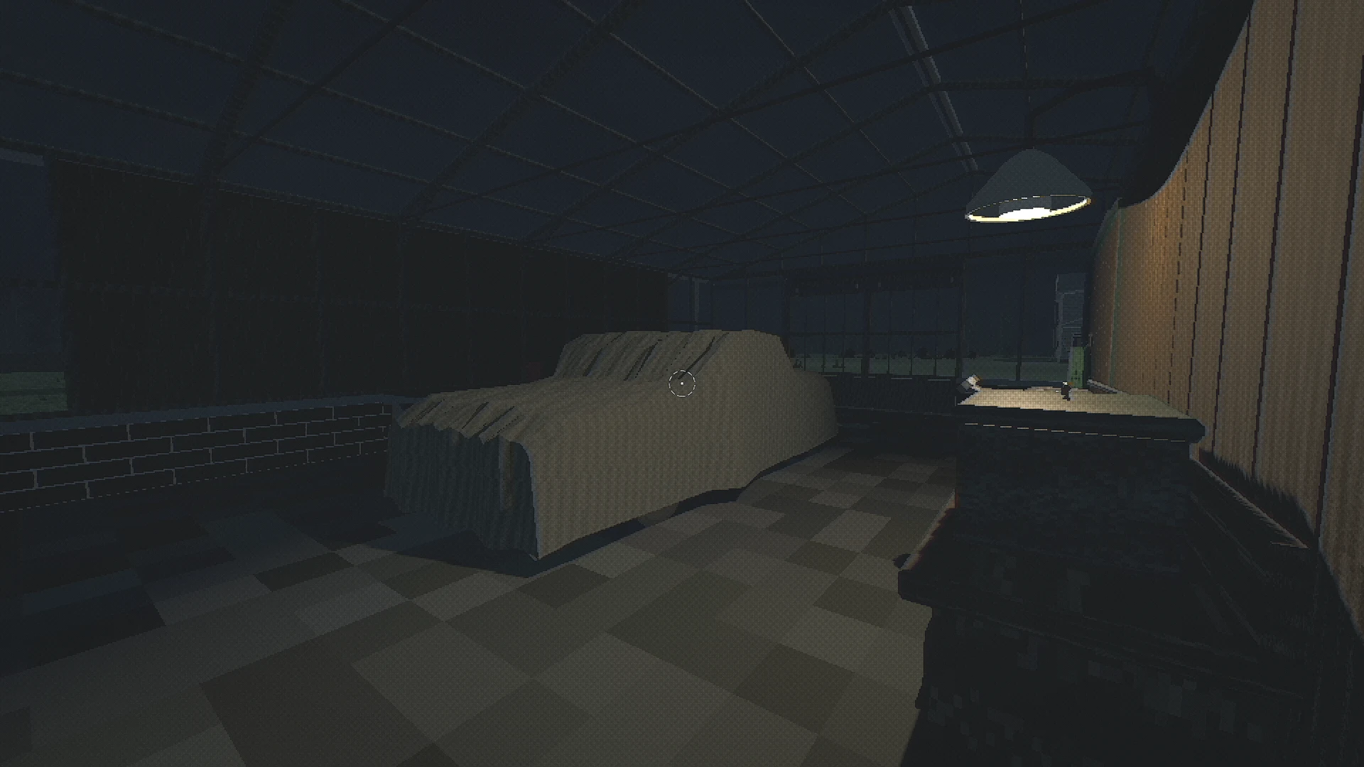 A car sits under a dust sheet beside a workbench in a dim outbuilding in Housewatch.