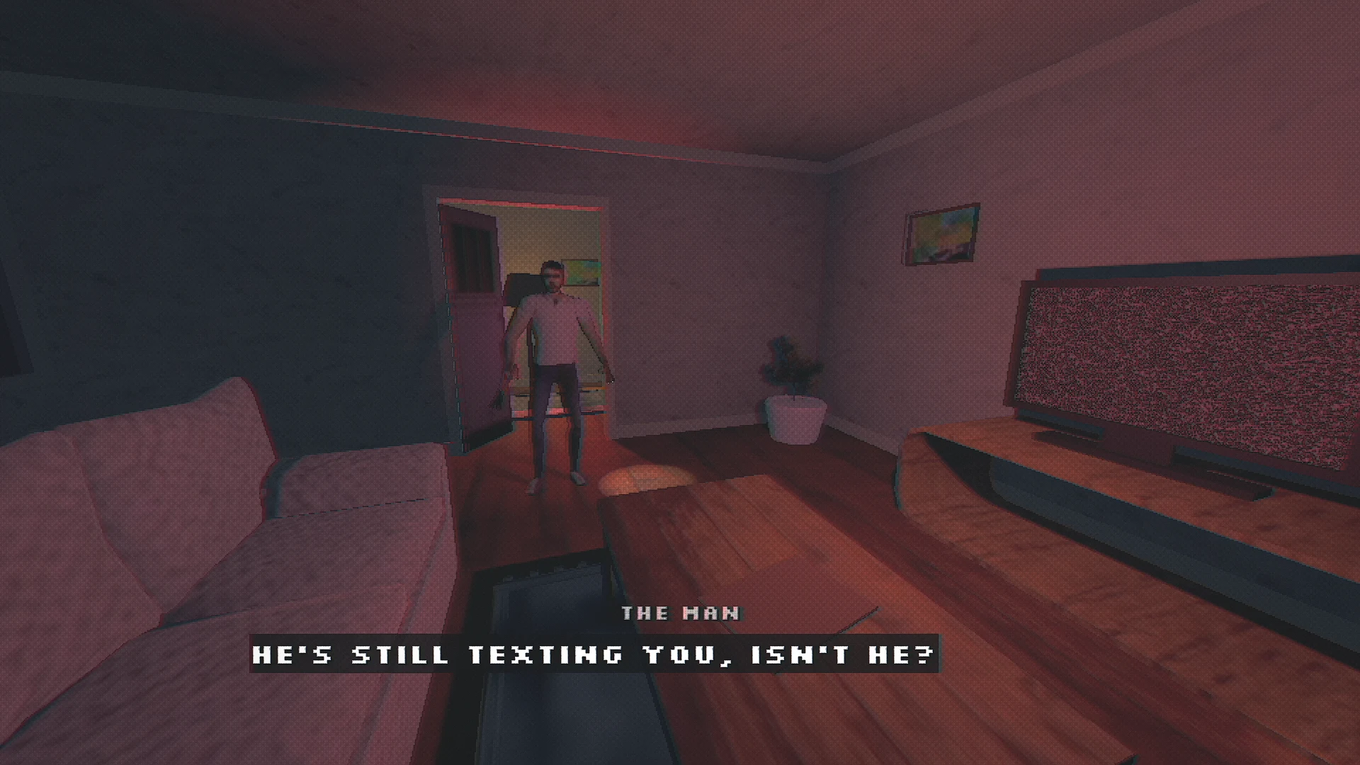 A man stands in the living-room doorway beside a television showing static in Housewatch.