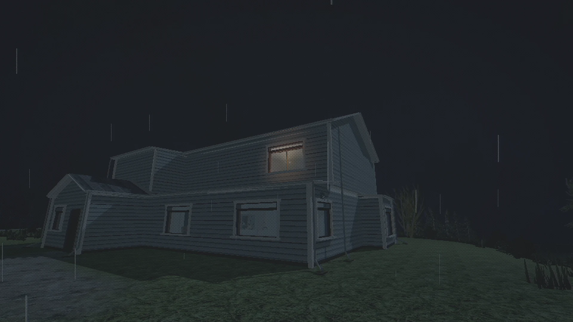 A single upstairs window glows in an isolated country house on a rainy night in Housewatch.