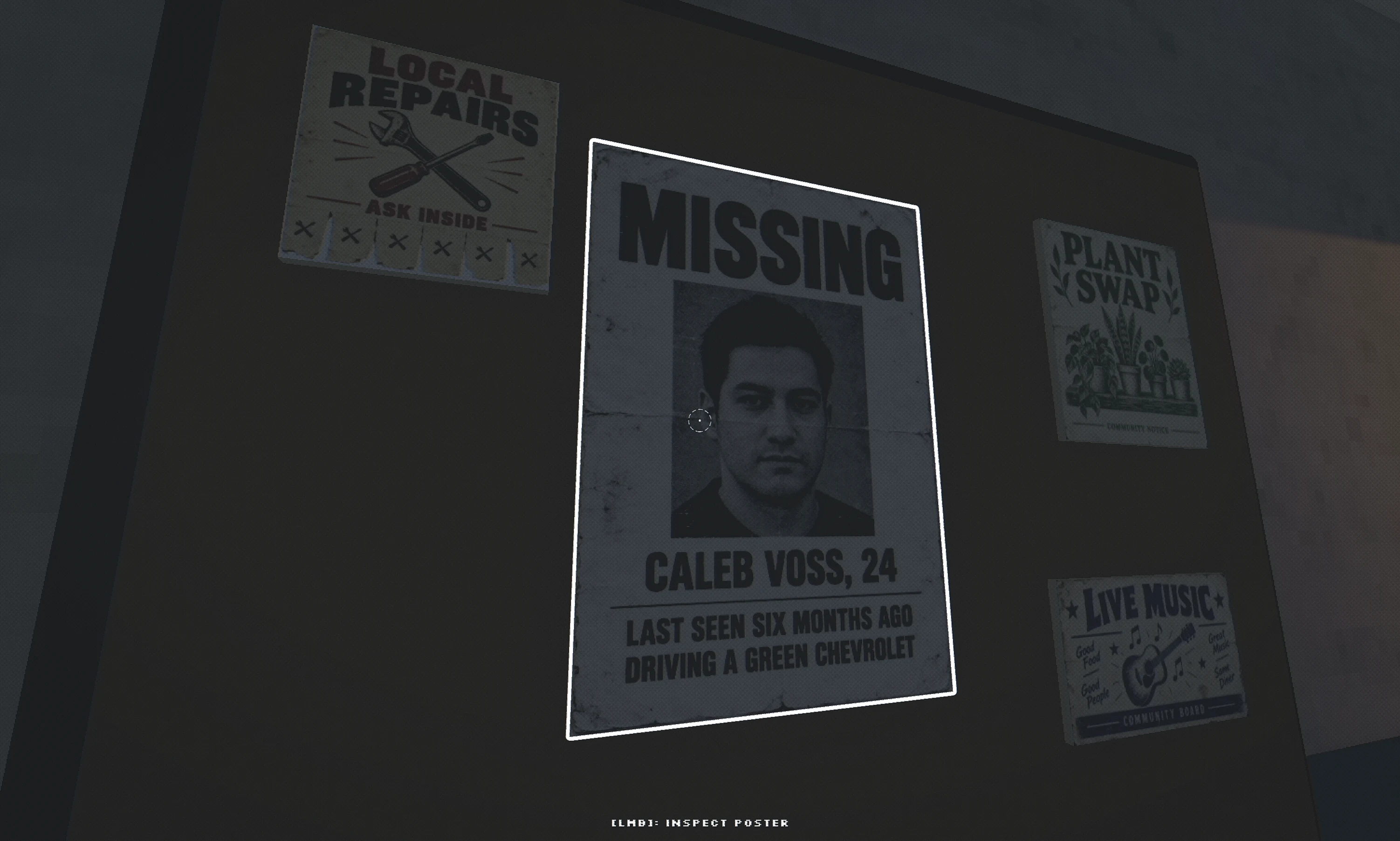 A missing-person poster for Caleb Voss is highlighted on the diner noticeboard in Housewatch.