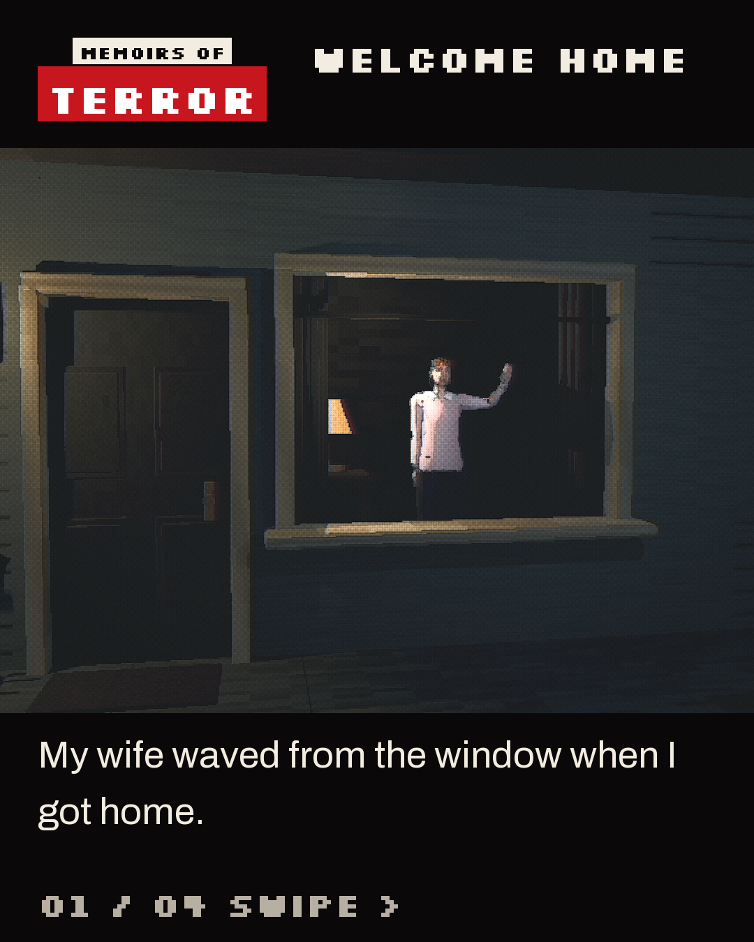 A woman waves from a warmly lit house window at night.