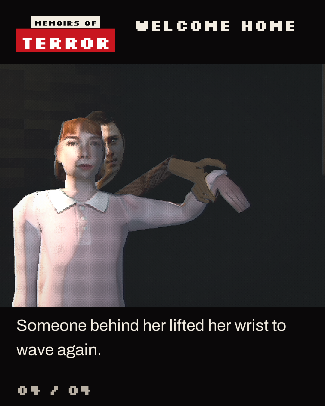 A second hand grips her limp wrist while a distorted human-like face peeps from behind her head.